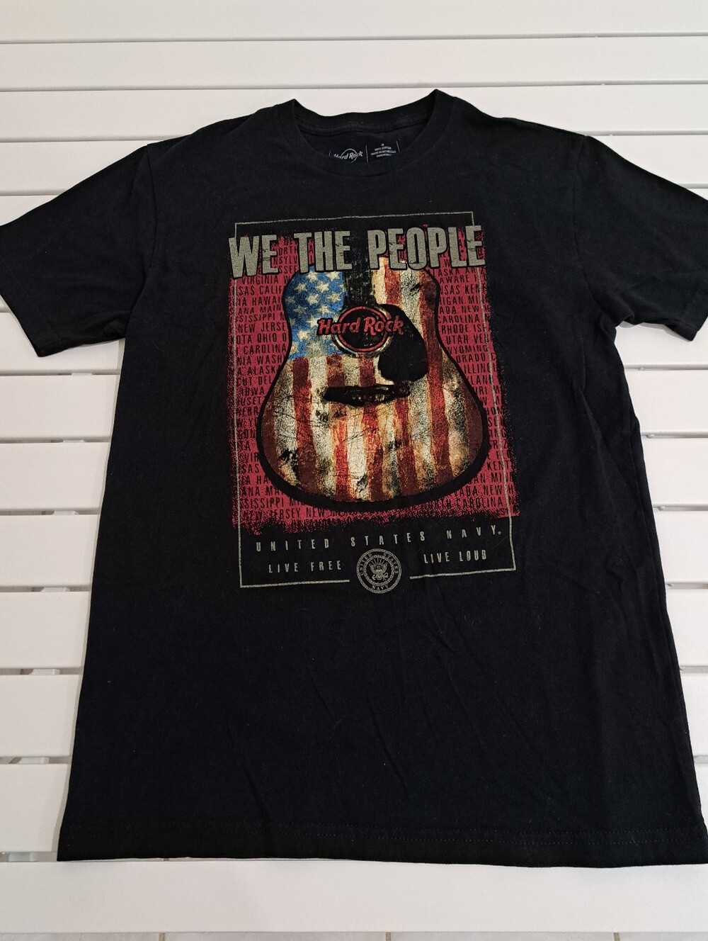 HARD ROCK CAFE US NAVY T Shirt American Flag Guitar Black- Women's M